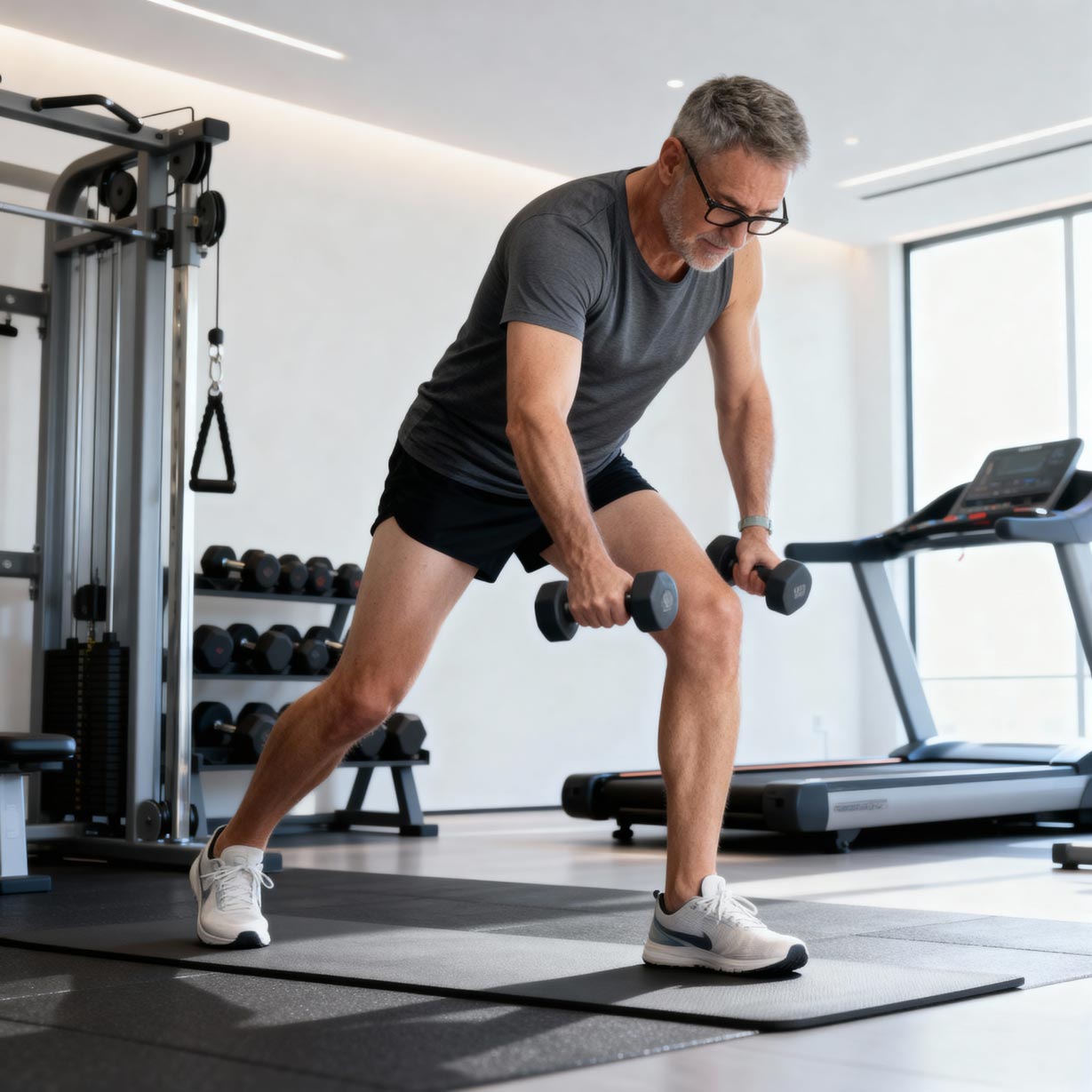 Senior man practicing pelvic floor exercises at home